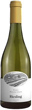 Ciemno zielona butelka z białą etykietą białego wina Riesling