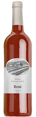 Ciemno zielona butelka z białą etykietą białego wina Rosé